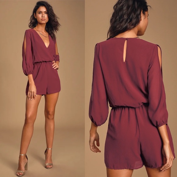 Lulus Pants - Lulus | Luck and Love Burgundy Three-Quarter Sleeve Romper